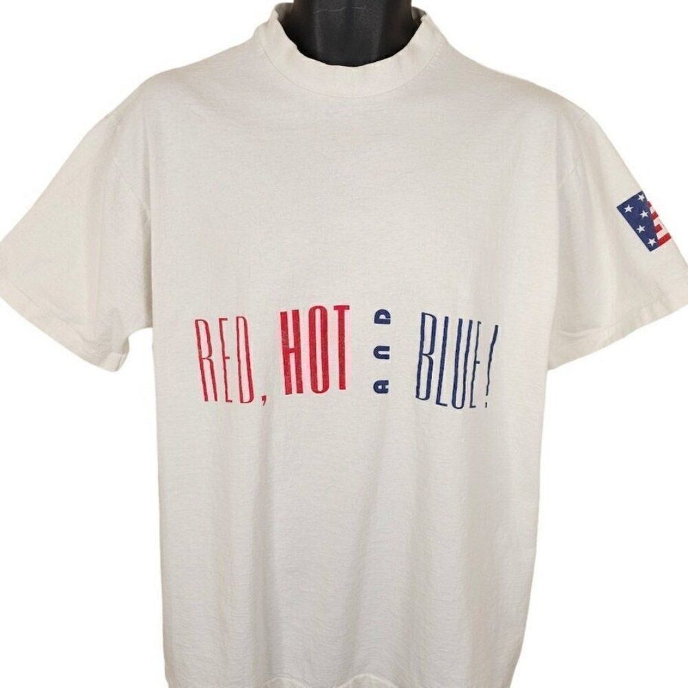 Vintage Este Lauder T Shirt Mens Size Large White 90s Red Hot & Blue Made In USA